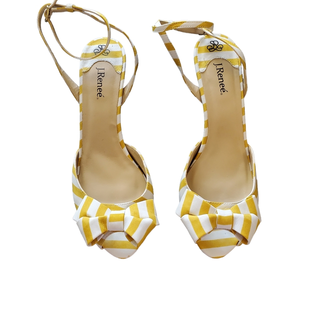 J. Renee yellow striped dress open toe 3" heels with a bow.